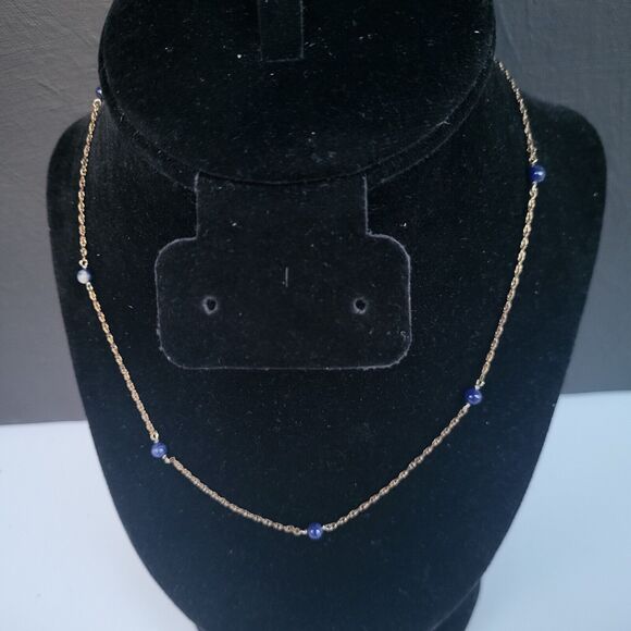 Dainty Vintage Lapis and 12k Gold Fill Station Neckalce Signed B.A.B. 19" - Picture 2 of 3